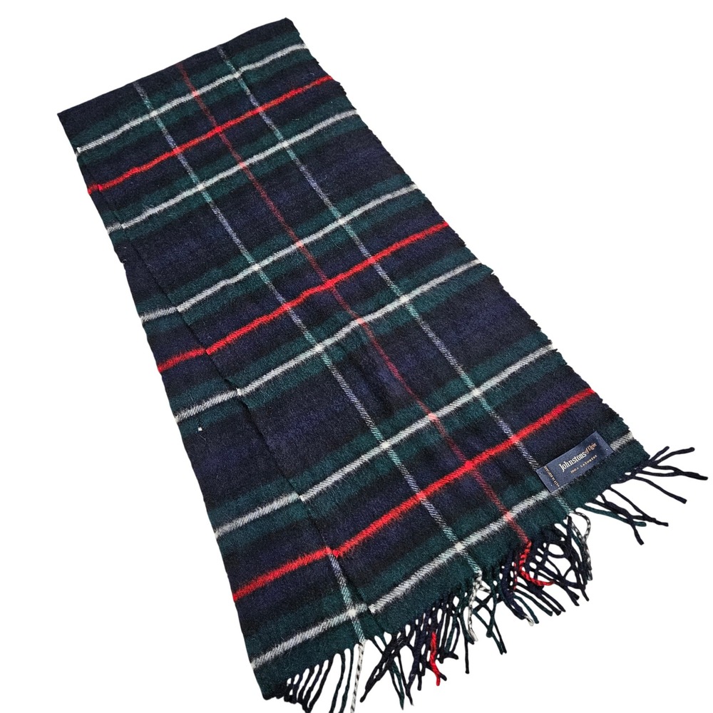 Johnstons of Elgin Scarf Unisex Navy Green 100% Cashmere Made in Scotland Plaid